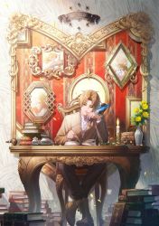  1boy book boots brown_hair candle candlestand chair closed_mouth eris_greyrat flower green_eyes hand_on_own_face highres mushoku_tensei official_art photo_(object) picture_frame quill reading roxy_migurdia rudeus_greyrat scroll shirotaka_(5choume) shirt sitting smile sylphiette_(mushoku_tensei) table vase  rating:General score:37 user:danbooru