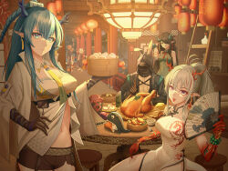  1other 3girls absurdres animal_ears arknights bitey_(arknights) black_hair blue_eyes blue_hair china_dress chinese_clothes chinese_new_year doctor_(arknights) dragon_girl dragon_horns dragon_tail dress dtmw3374 dusk_(arknights) dusk_(everything_is_a_miracle)_(arknights) fake_animal_ears food gradient_skin green_horns hair_over_one_eye highres holding holding_food horns ling_(arknights) looking_at_viewer multiple_girls nian_(arknights) nian_(unfettered_freedom)_(arknights) purple_eyes rabbit_ears red_eyes tail white_hair 