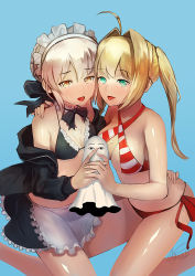 2girls ahoge apron artoria_pendragon_(all) artoria_pendragon_(alter_swimsuit_rider)_(second_ascension)_(fate) artoria_pendragon_(fate) bare_shoulders bikini bikini_top_only black_bikini black_bow black_bowtie black_skirt blonde_hair blush bow bowtie breasts choker criss-cross_halter fate/grand_order fate_(series) frilled_bikini frilled_choker frilled_skirt frills green_eyes hair_intakes halterneck holding_hands hood hoodie large_breasts long_hair longjunt looking_at_viewer maid_headdress medjed_(fate) multiple_girls nero_claudius_(fate) nero_claudius_(fate)_(all) nero_claudius_(swimsuit_caster)_(fate) off_shoulder open_clothes open_hoodie parted_lips saber_alter saliva saliva_trail shiny_skin silver_hair skirt small_breasts smile striped_bikini striped_clothes swimsuit tan tongue tongue_out twintails waist_apron yellow_eyes rating:Questionable score:7 user:danbooru