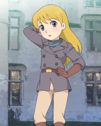  1girl blonde_hair blue_eyes blush breasts brown_gloves child doraemon gloves hand_on_own_hip lotte_munchausen outdoors photo_background rico_(jackdoa) small_breasts solo standing 