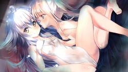  2girls absurdres ahoge barefoot blonde_hair breasts brown_eyes cameltoe cleft_of_venus commentary_request covered_erect_nipples covering_privates flipped_hair gc3 grey_eyes grey_hair hair_between_eyes highres licking licking_another&#039;s_cheek licking_another&#039;s_face long_hair multiple_girls nipples nude nude_cover original small_breasts soles spread_legs towel very_long_hair yuri 