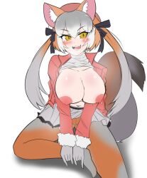  1girl absurdres animal_ears blazer blush breasts brown_eyes brown_hair extra_ears ezorinx fox_ears fox_girl fox_tail gloves grey_hair hat highres island_fox_(kemono_friends) jacket kemono_friends large_breasts long_hair looking_at_viewer multicolored_hair nipples pantyhose ribbon simple_background skirt solo tail turtleneck twintails two-tone_hair  rating:Explicit score:2 user:danbooru