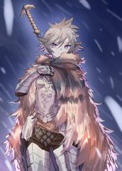  1girl absurdres armor blaidd_the_half-wolf blurry blurry_background breasts cape character_request cleavage closed_mouth commentary_request cowboy_shot ekrea_jan elden_ring fur_cape genderswap genderswap_(mtf) highres looking_at_viewer personification pointy_ears small_breasts solo white_hair  rating:General score:9 user:danbooru