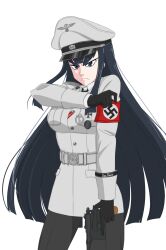  1girl armband black_cat03 black_eyes black_gloves black_hair black_hat black_pants closed_mouth cross frown gloves gun hat highres holding holding_gun holding_weapon iron_cross jacket kill_la_kill kiryuuin_satsuki long_hair looking_at_viewer nazi pants peaked_cap red_armband simple_background solo ss_insignia ss_uniform swastika thick_eyebrows totenkopf waffen-ss weapon white_background white_hat white_jacket 