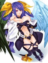  1girl arc_system_works asymmetrical_wings bad_id bad_pixiv_id bare_shoulders black_thighhighs blue_hair boots bow breasts choker detached_sleeves dizzy_(guilty_gear) feathers foreshortening guilty_gear hair_bow jerun jnrghzrg large_breasts long_hair navel open_mouth red_eyes ribbon solo tail tail_ornament tail_ribbon thighhighs twintails wings 