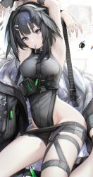  1girl absurdres ahoge arknights armpits arms_up bare_shoulders black_hair commentary_request fingerless_gloves gloves grey_eyes grey_gloves groin hair_intakes head_tilt highres la_pluma_(arknights) looking_at_viewer mouth_hold nopetroto short_hair squiggle thigh_strap thighs 