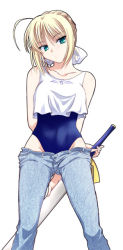 00s 1girl alternate_costume artoria_pendragon_(all) artoria_pendragon_(fate) blonde_hair clothes_pull denim excalibur_(fate/stay_night) fate/stay_night fate_(series) jeans one-piece_swimsuit pants pants_pull saber_(fate) solo swimsuit swimsuit_under_clothes sword weapon rating:Questionable score:16 user:danbooru