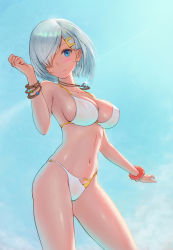 1girl absurdres bikini blue_eyes blue_sky blush bracelet breasts cleavage cloud covered_erect_nipples day eno_ti_deng feet_out_of_frame groin hair_ornament hair_over_one_eye hairclip hamakaze_(kancolle) hand_up highres jewelry kantai_collection large_breasts looking_at_viewer navel necklace outdoors revision ring ring_necklace scrunchie short_hair silver_hair sky smile solo sparkle standing stomach swimsuit wedding_band white_bikini wrist_scrunchie rating:Sensitive score:21 user:danbooru