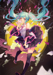 1girl ahoge artist_name atdan bad_id bad_pixiv_id bare_shoulders bare_tree black_footwear black_skirt black_thighhighs boots card collared_shirt covering_own_mouth detached_sleeves floating_hair full_body grey_shirt hatsune_miku highres holding holding_card long_hair long_sleeves looking_at_viewer mousou_zei_(vocaloid) multicolored_hair nail_polish necktie outstretched_arm pink_eyes pink_hair pink_nails pink_necktie plant pleated_skirt shirt skirt sleeveless sleeveless_shirt solo star-shaped_pupils star_(symbol) symbol-shaped_pupils thigh_boots thighhighs tree two-tone_hair very_long_hair vocaloid walking zettai_ryouiki rating:Sensitive score:10 user:danbooru