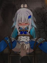  1girl ^_^ armband bdsm blue_hair blue_skirt blue_thighhighs blunt_bangs blush bondage bound bound_legs bound_wrists bow bow_panties breasts breath bureki buttons clenched_hands closed_eyes closed_mouth cloth_gag collared_shirt colored_inner_hair controller crack cracked_wall crying dark disembodied_hand drooling female_orgasm gag gagged hair_ornament hairclip highres improvised_gag indoors leaning_back lize_helesta loli long_hair long_sleeves miniskirt motion_blur multicolored_hair nijisanji nose_blush on_chair orgasm panties pee peeing peeing_self pleated_skirt pov pov_hands remote_control remote_control_vibrator rope saliva school_uniform sex_toy shirt sidelocks sitting skirt small_breasts solo_focus tears thighhighs tile_wall tiles trembling two-tone_hair underwear upskirt vibrator vibrator_cord vibrator_in_thighhighs vibrator_under_clothes vibrator_under_panties virtual_youtuber wet wet_clothes wet_panties white_hair white_panties white_shirt  rating:Explicit score:52 user:AngryZapdos