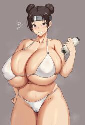  1girl armpit_crease bare_shoulders bikini blush breasts brown_eyes brown_hair cameltoe collarbone commentary covered_erect_nipples cowboy_shot double_bun forehead_protector grey_background hair_bun halterneck hand_on_own_hip highres holding holding_scroll huge_breasts konohagakure_symbol looking_at_viewer naruto_(series) navel scroll signature simple_background skindentation smile solo standing sweat swimsuit symbol-only_commentary teeth tenten_(naruto) twitter_username undersized_clothes white_bikini yua_(argaoffroad) 