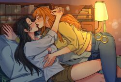  2girls arms_around_neck bed black_hair blush bookshelf breasts closed_eyes denim earrings highres jewelry kiss large_breasts long_hair long_sleeves midriff multiple_girls nami_(one_piece) nico_robin one_piece onti999 open_clothes orange_hair shorts stomach tongue tongue_out yuri  rating:Sensitive score:23 user:danbooru