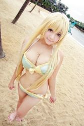  1girl beach blonde_hair boku_wa_tomodachi_ga_sukunai breasts brown_eyes bug butterfly cleavage cosplay hair_ornament highres bug kashiwazaki_sena kashiwazaki_sena_(cosplay) large_breasts photo_(medium) solo swimsuit  rating:Questionable score:38 user:Marcerner