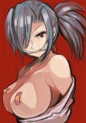 +_+ 1girl areola_slip arms_behind_back bandaid bandaids_on_nipples bare_shoulders blue_hair breasts cleave_gag cloth_gag female_focus gag gagged hair_over_one_eye improvised_gag large_breasts no_headwear no_headwear off_shoulder pasties red_background red_eyes skullgirls solo toi_(toiot) valentine_(skullgirls) rating:Questionable score:41 user:danbooru