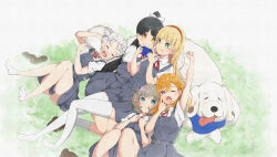 5girls ;o ^_^ absurdres aoiao arashi_chisato arm_up black_hair blonde_hair blue_eyes blunt_bangs blush bow cellphone chibi_(love_live!_superstar!!) clenched_hands closed_eyes closed_mouth collared_shirt commentary dog double_bun dress dress_shirt green_eyes grey_dress grey_hair hair_between_eyes hair_bow hair_bun hairband hazuki_ren heanna_sumire high_ponytail highres holding holding_phone long_hair love_live! love_live!_superstar!! lying lying_on_animal multiple_girls neck_ribbon on_back on_grass one_eye_closed open_mouth orange_hair phone pinafore_dress playing_games purple_eyes red_hairband red_ribbon ribbon school_uniform shibuya_kanon shirt short_dress short_hair short_sleeves sleepy sleeveless sleeveless_dress smartphone smile split_mouth stretching summer_uniform tang_keke tongue tongue_out v-shaped_eyebrows watching white_bow white_hair white_shirt yawning yellow_eyes yuigaoka_school_uniform 
