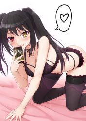  1girl :d absurdres all_fours ass asymmetrical_hair bent_over black_bra black_hair black_panties black_thighhighs blush bra breasts cellphone cleavage clock_eyes date_a_live fanbox_username frilled_bra frilled_panties frilled_thighhighs frills hand_up heart heterochromia highres holding holding_phone kneeling lingerie long_hair looking_at_viewer medium_breasts on_bed open_mouth panties phone red_eyes smartphone smile solo spoken_heart symbol-shaped_pupils thighhighs thighs tokisaki_kurumi twintails underwear underwear_only vahn_yourdoom watermark web_address yellow_eyes 