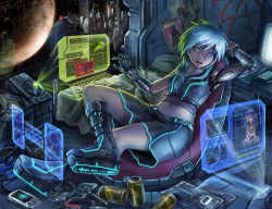  1girl arm_behind_head armpits barefoot bed bed_sheet bionic blue_eyes blue_hair breasts cable can chair crossed_legs cyborg full_body graffiti holographic_interface holographic_keyboard holographic_monitor indoors long_hair matching_hair/eyes maxa&#039; mechanical_arms mechanical_parts midriff navel open_mouth original pen pillow planet prosthesis prosthetic_arm signature single_mechanical_arm sitting skirt skull_and_crossbones small_breasts soles solo space spacecraft spacecraft_interior window  rating:Sensitive score:30 user:danbooru