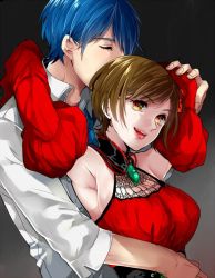 1boy 1girl adam&#039;s_apple akujiki_musume_conchita_(vocaloid) armpits arms_around_neck arms_around_waist arms_up ascot banica_conchita bare_shoulders blue_hair blue_necktie breasts brown_eyes brown_hair carlos_marlon chef choker closed_eyes couple detached_sleeves dress drug_of_gold_(vocaloid) evillious_nendaiki eyelashes flower hair_flower hair_ornament head_kiss hetero hug hug_from_behind itoko_(i_t_k) jewelry kaito_(vocaloid) large_breasts lips looking_up meiko_(vocaloid) nail necktie red_dress rose short_hair smile vocaloid rating:Sensitive score:3 user:danbooru