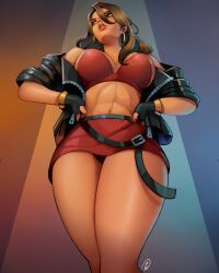  1girl abs athletic athletic_female blaze_fielding breasts brown_eyes brown_hair curvy edemevas eyebrows eyelashes female_focus from_below hips jacket large_breasts leather leather_jacket legs miniskirt mole mole_under_mouth skirt solo streets_of_rage streets_of_rage_4 thick_thighs thighs wide_hips 
