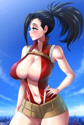  1girl bare_shoulders belt black_hair blue_sky blurry blurry_background blush boku_no_hero_academia breasts city cleavage closed_mouth collarbone covered_erect_nipples cowboy_shot day evil-dei hand_on_own_hip large_breasts leotard lips long_hair navel outdoors ponytail popped_collar red_leotard sky sleeveless solo standing yaoyorozu_momo 
