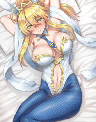 1girl ahoge animal_ears arinotowatari armpits arms_behind_head arms_up artoria_pendragon_(all) artoria_pendragon_(fate) artoria_pendragon_(swimsuit_ruler)_(fate) bare_shoulders blonde_hair blue_necktie blue_pantyhose blush breasts closed_mouth clothing_cutout detached_collar fake_animal_ears fate/grand_order fate_(series) fishnet_pantyhose fishnets green_eyes hair_between_eyes large_breasts leotard long_hair looking_at_viewer lying navel navel_cutout necktie on_back pantyhose playboy_bunny ponytail rabbit_ears sidelocks solo swept_bangs thighs tiara white_leotard rating:Sensitive score:12 user:danbooru