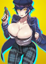  1girl absurdres blue_hair blue_hat breasts cabbie_hat cleavage gun hair_between_eyes hat highres holding holding_gun holding_weapon huge_breasts ippo jacket looking_at_viewer open_clothes open_jacket open_mouth persona persona_4 shadow_naoto shiny_skin shirogane_naoto shirt short_hair solo weapon white_shirt yellow_eyes  rating:Sensitive score:64 user:danbooru