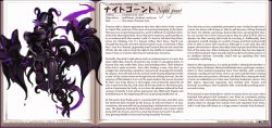  1girl alternate_language black_hair blush bodysuit breasts character_profile claws covered_mouth cthulhu_mythos demon_girl english_text hard-translated horns kenkou_cross large_breasts monster_girl monster_girl_encyclopedia multicolored_hair night_gaunt_(monster_girl_encyclopedia) official_art pale_skin purple_bodysuit purple_eyes solo tail taut_clothes tentacles third-party_edit wings  rating:Sensitive score:281 user:danbooru
