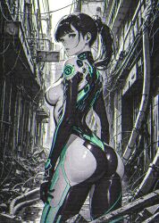  1girl 2024 ai-generated alley arched_back ass black_bodysuit black_hair bodysuit breasts city cityscape collarbone commentary contrapposto cowboy_shot curvy destruction english_commentary eve_(stellar_blade) female_focus from_side green_eyes highres huge_ass legs_apart long_hair looking_at_viewer looking_back medium_breasts monochrome outdoors parted_lips ponytail ruins scanlines sideboob solo spot_color standing stellar_blade thick_thighs thighs two-tone_bodysuit white_bodysuit xenotrip  rating:Sensitive score:66 user:Itwyug3