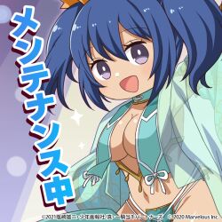  1girl blue_hair breasts chibi cleavage ikkitousen large_breasts navel official_art revealing_clothes twintails underboob 