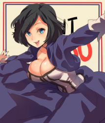  1girl animification bioshock bioshock_(series) bioshock_infinite black_hair blue_eyes breasts cleavage collarbone corset cropped_jacket dress elizabeth_(bioshock_infinite) huge_breasts jacket large_breasts naso4 open_clothes open_jacket open_mouth outstretched_arms short_hair smile solo spread_arms  rating:Sensitive score:214 user:danbooru