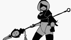  1girl 2b_(nier:automata) animated animated_gif artist_request ass back_cutout black_blindfold blindfold closed_mouth clothing_cutout curvy fighting_stance gloves hairband highleg highleg_leotard holding holding_weapon huge_ass juliet_sleeves leotard long_sleeves monochrome motion_lines multiple_views nier:automata nier_(series) polearm puffy_sleeves short_hair solo sword thighhighs thong_leotard turnaround weapon wide_hips  rating:Sensitive score:18 user:popotepopote