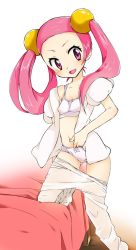  1girl bed bow bow_panties bra breasts covered_erect_nipples creatures_(company) flat_chest game_freak hair_bobbles hair_ornament loli long_hair looking_at_viewer mira_(pokemon) momogesomaru navel nintendo open_mouth panties pink_eyes pink_hair pokemon simple_background small_breasts solo thigh_gap thighhighs thighs tongue twintails underwear undressing white_background white_panties  rating:Explicit score:75 user:Usagi