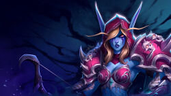  1girl angelmoonlight armor blonde_hair blue_skin bow_(weapon) breasts cape cleavage colored_skin dark_elf elf highres holding holding_bow_(weapon) holding_weapon hood hood_up hooded_cape large_breasts pointy_ears red_cape shoulder_armor skull_print sylvanas_windrunner teeth warcraft weapon world_of_warcraft yellow_eyes 