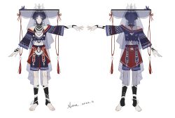  1boy absurdres alternate_costume aoma_(xuanzexuexi) artist_name barefoot changmingsuo full_body genshin_impact hat highres hmong jewelry jingasa looking_at_viewer male_focus miao_clothes multiple_views necklace purple_eyes purple_hair scaramouche_(genshin_impact) short_hair shorts simple_background toeless_legwear veil white_background wide_sleeves 