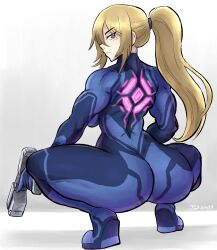  1girl 2024 absurdres arched_back ass ass_focus blonde_hair blue_bodysuit blue_eyes bodysuit breasts broly_culo_(meme) commission deltoids female_focus from_behind frown full_body gun hairband heel_up high_ponytail highres holding holding_weapon huge_ass impossible_clothes large_breasts long_hair looking_at_viewer meme metroid muscular muscular_arms muscular_back muscular_female muscular_legs nintendo paralyzer ponytail profile revision samus_aran side_eye sideboob signature simple_background skin_tight solo squatting thick_thighs thighs triceps videajames weapon white_background wide_hips zero_suit 