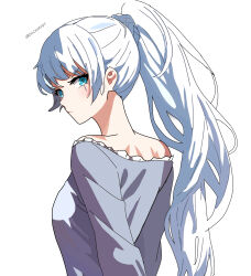  1girl absurdres blue_eyes closed_mouth commentary english_commentary frills from_behind high_ponytail highres looking_at_viewer looking_back pajamas rwby scar scar_across_eye simple_background solo upper_body v-shaped_eyebrows weiss_schnee white_background white_hair zackmyst 