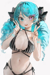 1girl absurdres bare_shoulders bikini black_bow bow breasts collarbone cowboy_shot double_v drill_hair green_hair gwen_(league_of_legends) hair_bow hair_ornament highres league_of_legends long_hair looking_at_viewer medium_breasts navel smile solo striped_bikini striped_clothes swimsuit teeth twin_drills twintails v x_hair_ornament yonchan rating:Sensitive score:31 user:danbooru