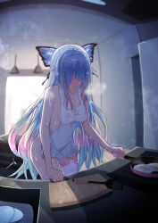 1girl absurdres ameki_(vtuber) apron asymmetrical_legwear backlighting bar_censor bare_shoulders blue_hair blush breasts breath butterfly_hair_ornament censored cleavage clenched_hand collarbone commission controller cooking covered_erect_nipples covered_eyes cowboy_shot cutting_board faceless faceless_female female_focus fisheye fried_egg frying_pan full-face_blush gradient_hair hair_ornament hair_over_eyes highres holding holding_frying_pan indoors kitchen leaning_forward long_hair medium_breasts multicolored_hair naked_apron nijisanji nipples open_mouth pink_hair remote_control remote_control_vibrator see-through see-through_apron sex_toy shiwashi_seika sidelocks skeb_commission solo spatula standing star_(symbol) star_hair_ornament steam sunny_side_up_egg sweat thighhighs trembling very_long_hair vibrator vibrator_cord vibrator_under_clothes virtual_youtuber virtuareal white_thighhighs rating:Explicit score:94 user:AngryZapdos