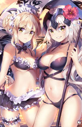 2girls armor artoria_pendragon_(all) artoria_pendragon_(alter_swimsuit_rider)_(second_ascension)_(fate) artoria_pendragon_(fate) bikini blonde_hair blush bow braid breasts choker cleavage cowboy_shot fate/grand_order fate_(series) flower frills grin hair_between_eyes hair_bun hair_flower hair_ornament highres jeanne_d&#039;arc_(fate) jeanne_d&#039;arc_(ruler)_(fate) jeanne_d&#039;arc_alter_(avenger)_(fate) jeanne_d&#039;arc_alter_(fate) large_breasts long_hair looking_at_viewer maid maid_bikini medium_breasts multiple_girls revealing_clothes saber_(fate) saber_alter short_hair single_hair_bun skirt smile squchan standing string_bikini swimsuit unconventional_maid underboob upper_body white_hair yellow_eyes rating:Questionable score:31 user:danbooru