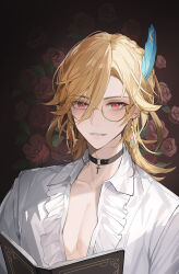  1boy bazhua bespectacled black_background black_choker blonde_hair blue_feathers book braid center_frills chinese_commentary choker collared_shirt commentary cross cross_choker dangle_earrings earrings eyewear_strap fang feather_hair_ornament feathers flipped_hair flower french_braid frills genshin_impact glasses hair_between_eyes hair_ornament jewelry kaveh_(genshin_impact) looking_at_viewer male_focus medium_hair open_book parted_lips pectoral_cleavage pectorals red_eyes red_flower red_rose rose round_eyewear semi-rimless_eyewear shirt smile solo unbuttoned unbuttoned_shirt under-rim_eyewear upper_body vampire white_shirt yellow-framed_eyewear 