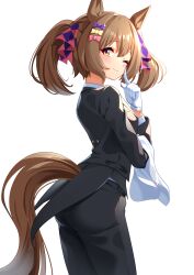  1girl absurdres alternate_costume animal_ears black_jacket black_pants blush bow brown_hair butler clothing_cutout commentary_request gloves hair_between_eyes hair_bow highres horse_ears horse_girl horse_tail jacket long_sleeves looking_at_viewer medium_hair one_eye_closed pants simple_background smart_falcon_(umamusume) smile solo sunny_(20597521) tail tail_through_clothes tailcoat twintails umamusume white_background white_gloves yellow_eyes 