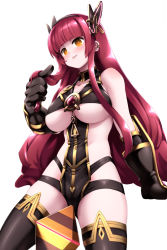 1girl black_gloves black_thighhighs blunt_bangs breasts character_request gloves highres holding holding_own_hair large_breasts legs_apart long_hair looking_at_viewer open_mouth red_hair revealing_clothes simple_background smile solo thighhighs tokyo_(great_akuta) white_background