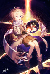 1boy blonde_hair blue_eyes boots coat earth_(planet) fingerless_gloves floating full_body gloves heterochromia highres koe_(mixpi) long_sleeves male_focus open_mouth original planet red_eyes scarf shirt short_hair shorts sky solo space star_(sky) star_(symbol) starry_background starry_sky striped_clothes striped_scarf  rating:General score:10 user:danbooru
