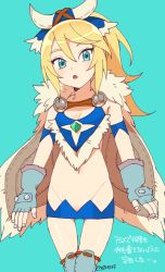  10s 1girl :o aqua_eyes artist_request ayuria bare_shoulders blonde_hair blue_background breasts cameltoe cape cleavage covered_navel cropped_legs dress elbow_gloves fingerless_gloves gloves hair_ornament leg_warmers legs looking_at_viewer monster_hunter_(series) monster_hunter_stories over-kneehighs ponytail short_dress simple_background sleeveless sleeveless_dress small_breasts solo source_request standing text_focus thighhighs  rating:Questionable score:12 user:danbooru