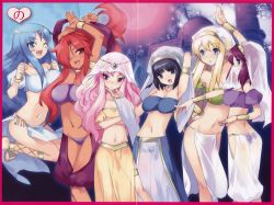  00s 6+girls arabian_clothes armpits arms_behind_back arms_up ass black_hair blonde_hair blue_eyes blue_hair blush blush_stickers breasts butt_crack cleavage dancer dark-skinned_female dark_skin everyone gypsy hair_over_one_eye harem_outfit harem_pants henrietta_de_tristain highres huge_breasts jewelry kirche_augusta_frederica_von_anhalt_zerbst large_breasts long_hair long_legs lots_of_jewelry louise_francoise_le_blanc_de_la_valliere midriff multiple_girls navel no_panties official_art one_eye_closed pants pink_eyes pink_hair purple_hair red_eyes red_hair scan scan_artifacts see-through short_hair siesta_(zero_no_tsukaima) sylpheed tiffania_westwood usatsuka_eiji wink zero_no_tsukaima  rating:Sensitive score:99 user:danbooru