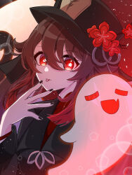  1girl :p black_hat black_nails boo_tao_(genshin_impact) bright_pupils brown_hair flower flower-shaped_pupils genshin_impact ghost hair_between_eyes hat hat_flower highres hu_tao_(genshin_impact) light_particles long_hair looking_at_viewer mochimugi_(mcmg_kk_snkn) portrait red_background red_eyes red_flower solo symbol-shaped_pupils tongue tongue_out white_pupils  rating:General score:3 user:danbooru