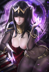  1girl arm_support black_hair bodysuit bracelet breasts breasts_out bridal_gauntlets cameltoe circlet cleft_of_venus female_focus fire_emblem fire_emblem_awakening gradient_background highres jewelry leaning_forward long_hair magic nintendo nipples realistic sakimichan solo tharja_(fire_emblem) two_side_up watermark  rating:Questionable score:94 user:fuuko222
