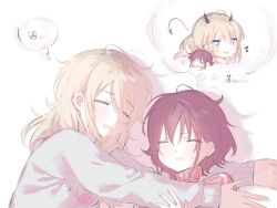  2girls blonde_hair closed_eyes commentary_request cuddling demon_tail dreaming drooling girls_band_cry horns iseri_nina kawaragi_momoka long_hair multicolored_hair multiple_girls pink_sweater red_hair roots_(hair) short_twintails sleeping sweatdrop sweater tail thought_bubble translation_request twintails white_sweater yoru071129 yuri 