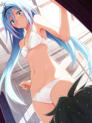 10s 1boy 1girl absurdres ahoge bare_shoulders black_hair blue_eyes blue_hair blurry blush bow bow_bra bow_panties bra breasts ceiling cleavage clenched_hand closed_mouth cowboy_shot dutch_angle embarrassed flipped_hair from_below frown grey_hair hair_between_eyes hair_ribbon highres hip_bones hip_focus indoors kasuga_ayumu_(haruhipo) krulcifer_einfolk lace lace-trimmed_bra lace-trimmed_panties lace_trim long_hair looking_at_viewer lux_arcadia narrow_waist navel novel_illustration official_art out_of_frame panties photoshop_(medium) ribbon saijaku_muhai_no_bahamut scan small_breasts solo_focus standing stomach sweat textless_version underwear underwear_only very_long_hair white_bra white_panties rating:Questionable score:92 user:danbooru