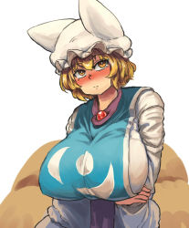  1girl animal_hat blonde_hair blush breast_rest breasts chanta_(ayatakaoisii) crossed_arms dress fox_tail hat huge_breasts long_sleeves looking_up mob_cap multiple_tails mob_cap simple_background solo tabard tail touhou upper_body white_background white_dress wide_sleeves yakumo_ran yellow_eyes  rating:Sensitive score:17 user:danbooru